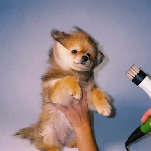A small dog being blow-dried and brushed out